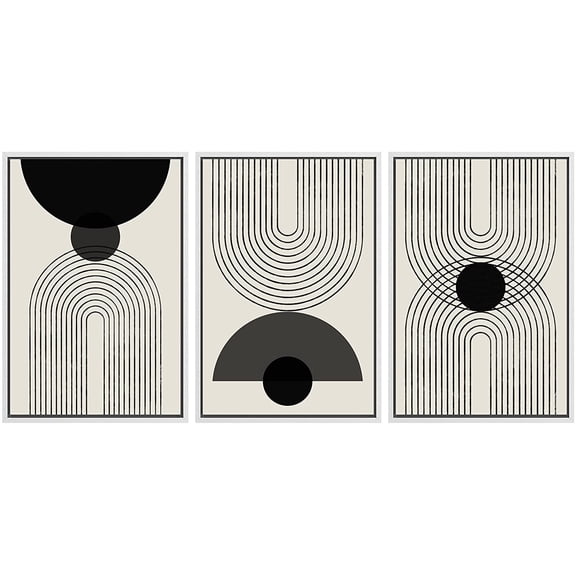PixonSign Framed Canvas Print Wall Art Black Semi-Circle an Line Parabola Abstract Shapes Illustrations Modern Art Minimalist Edgy Black and White for Living Room - 24"x36"x3 WHITE
