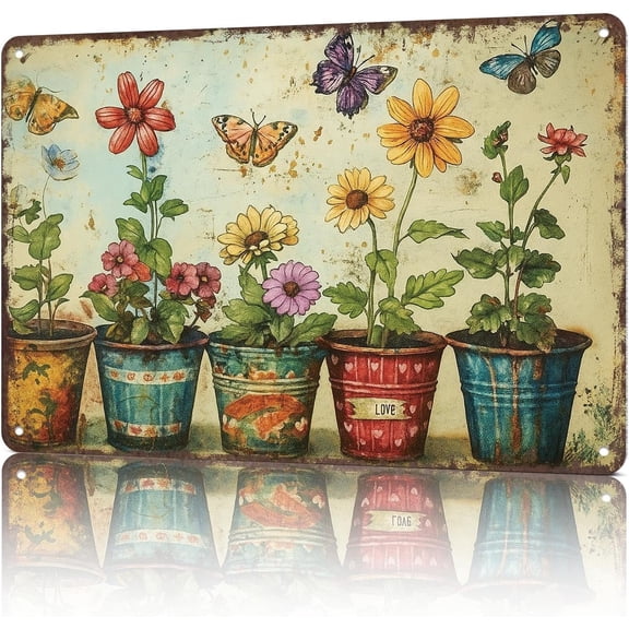 Vintage Garden Metal Tin Sign Wall Art With Butterflies and Flowers, Aluminum, 8 x 12 Inch, for Home, Bedroom, Living Room, Office Decor