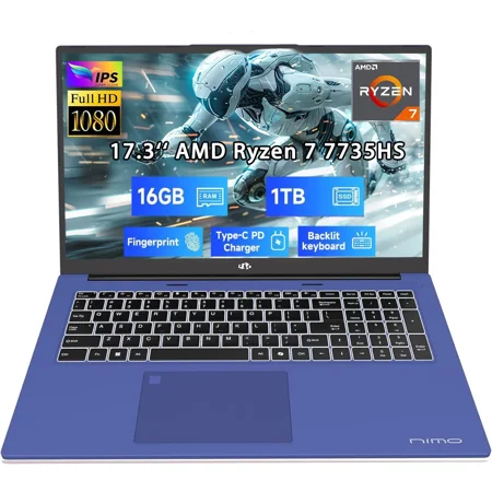 17.3" New Business Laptop, AMD Ryzen 7 7735HS (8C/16T), 16GB RAM 1TB NVMe SSD, Radeon 680M for Light Gaming, PD 100W Type-C WiFi-6E BT5.2 Fingerprint Unlock Backlit Keyboard for Working & Student