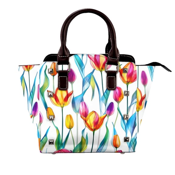 Tulipa Blue Leaf Rivet Handbag Studded Satchel One-Shoulder Tote Bag for Women