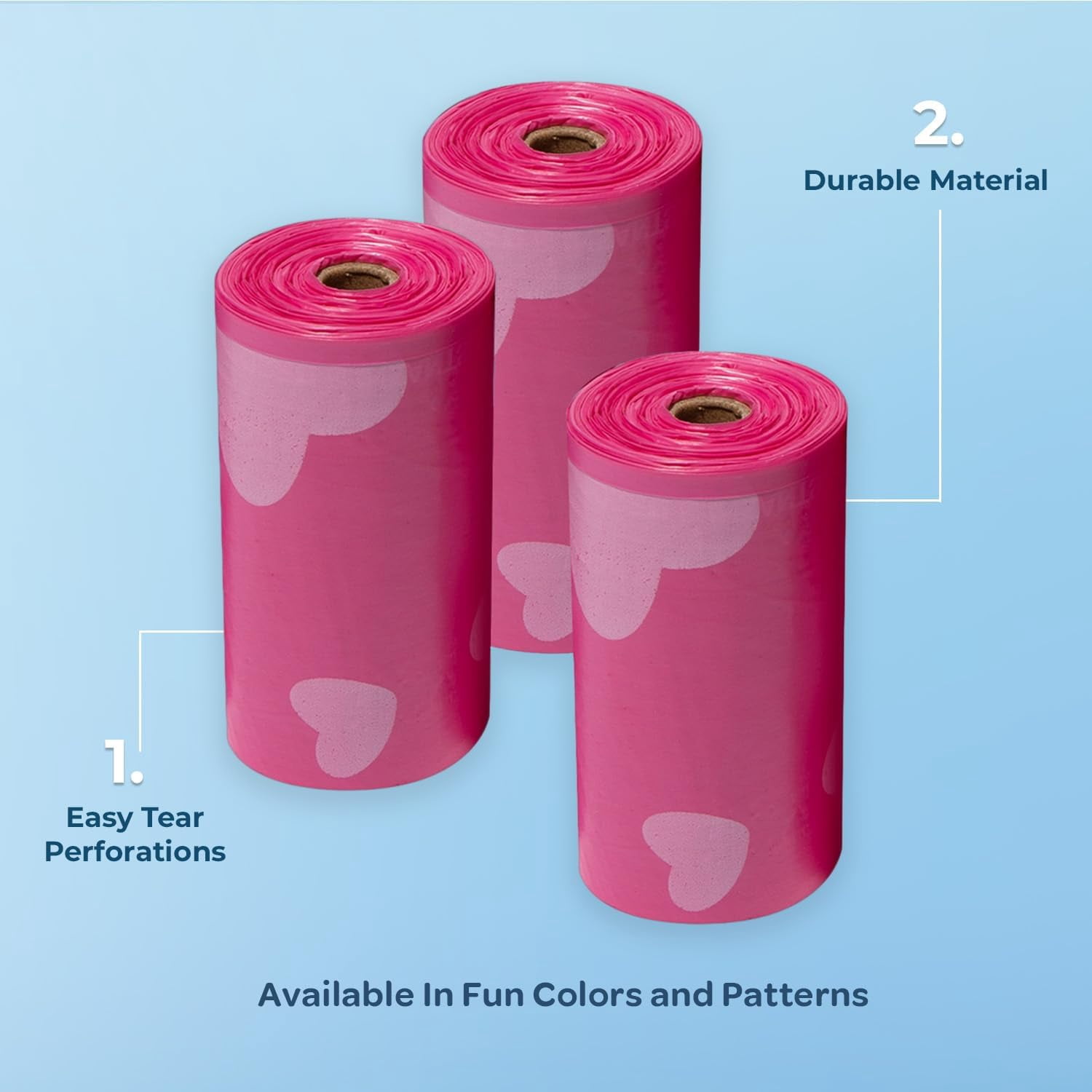 Dog Poop Bags, Roll Replacements for Outdoor Walking and Travel - Pink Heart, 360 Bags