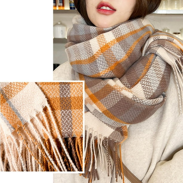 Woman Plaid Blanket Winter Scarf with Tassel Measure 27x71inch Stylish  Foldable Style B