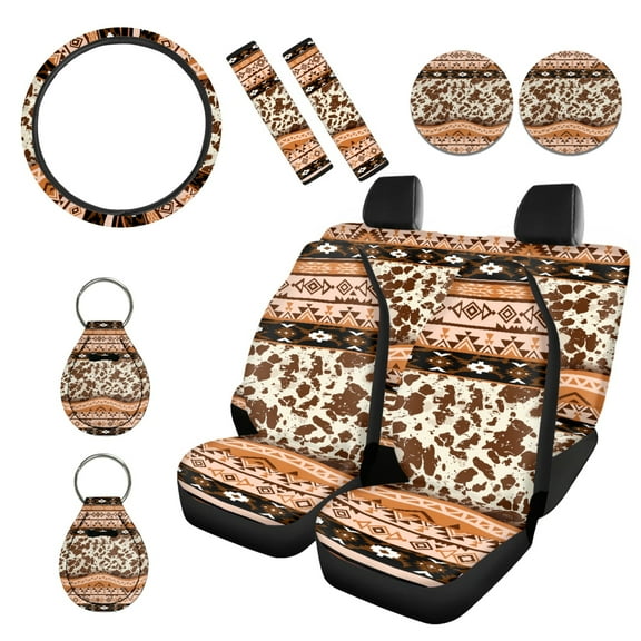 Renewold American Tribal Cow Print Khaki 11 PCS Car Seat Covers Set with Soft Car Seat Protector Steering Wheel Cover Seat Belt Covers Car Coasters Keychain Universal Fit for Most Vehicles