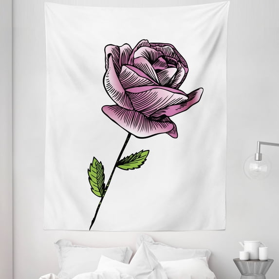 Floral Pink Tapestry, Hand Drawn Look Rose Blooming Romantic Love Themed Simple Illustration, Fabric Wall Hanging Decor for Bedroom Living Room Dorm, 5 Sizes, Green Black White, by Ambesonne
