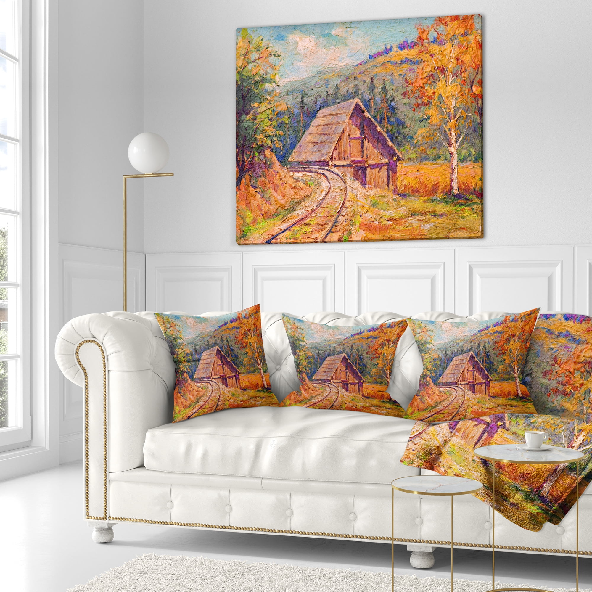 Designart Railway Track in Village - Landscape Printed Throw Pillow - 16x16