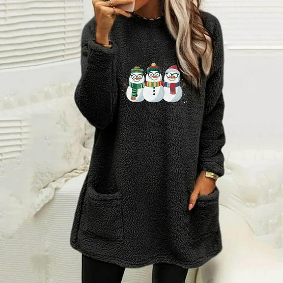 BLTIBY 2024 Womens Christmas Sherpa Sweatshirts Oversized Fleece Fuzzy Faux Fur Fluffy Pullover Printed Outerwear with Pockets Winter Soft Loungwear Black 3XL