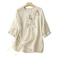 thumbnail image 2 of Icvfdpl Women'S Summer Linen V Neck Embroidered T Shirt Vintage Asymmetrical Placket Pullover Thin Loose Fit Blouse With Short Sleeves, 2 of 5