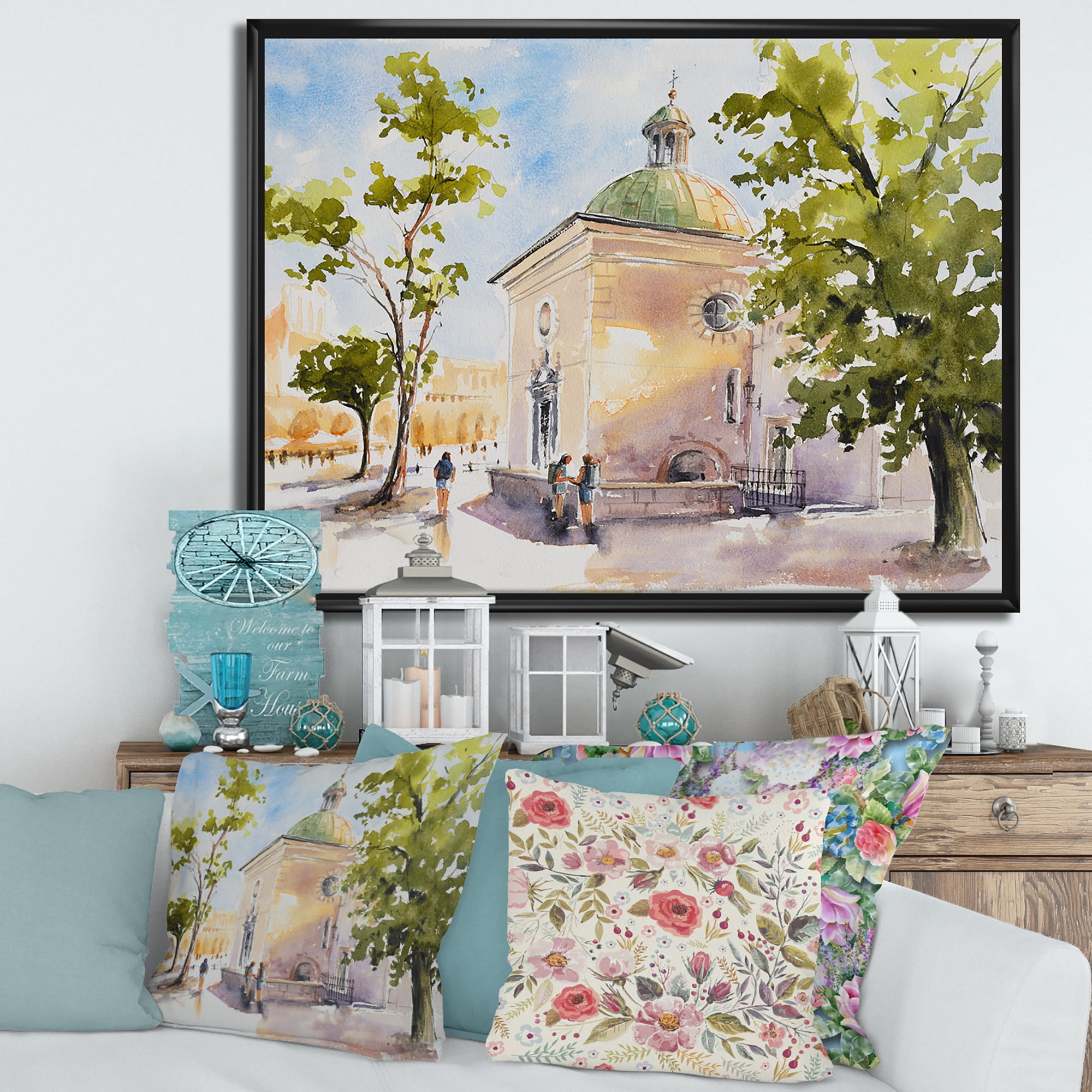 Designart 'People At Rustic Church In The Village' Country Framed Canvas Wall Art Print