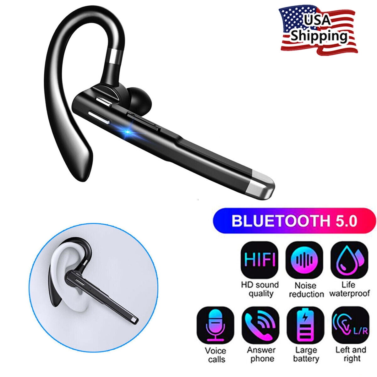 Bluetooth 5.1 Earpiece Dual Mic Earbud Noise Cancelling Trucker Wireless Headset