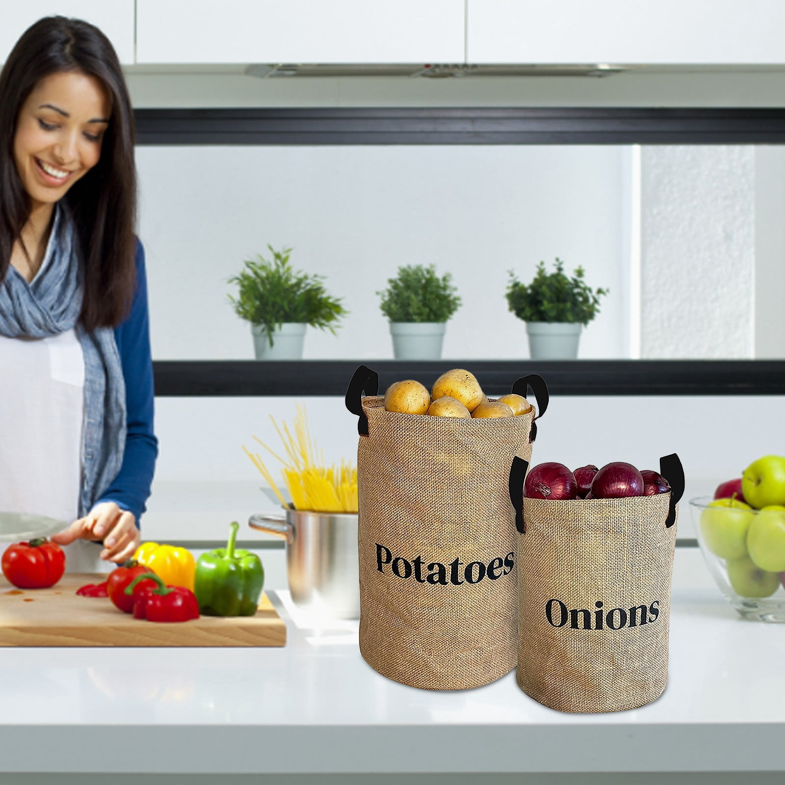 Breathable Jute Produce Storage Bags - Reusable Mesh Pouches for Potatoes, Onions and Root Vegetable Preservation in Pantry Closets(Khaki)