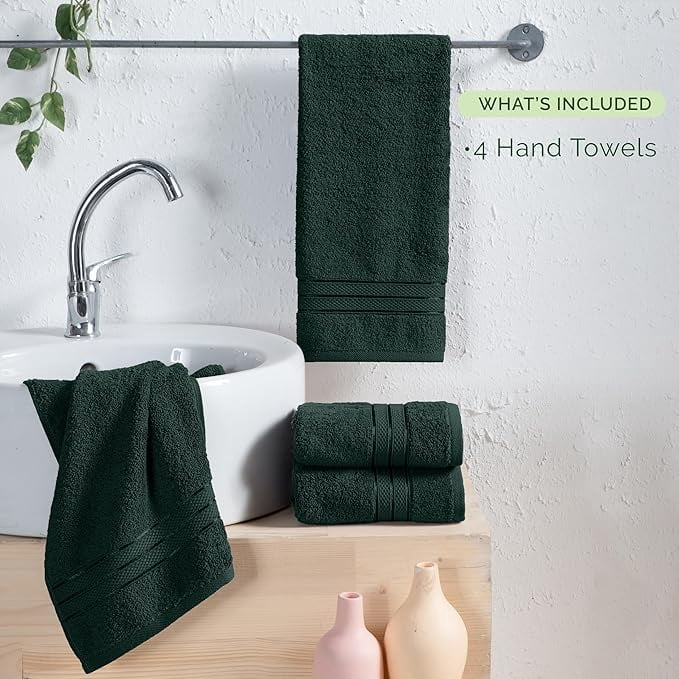 Elegant Comfort 4-Pack Hand Towels Set - Three Line Popcorn Design, Hotel Quality, 16 x 28 Inches, 100% Turkish Cotton, Soft, Quick-Drying, Highly Absorbent - Forest Green