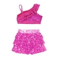 thumbnail image 4 of TiaoBug Girls Sequins Hip Hop Jazz Dance Costume One Shoulder Crop Top with Tiered Skirt Latin Dancewear Hot Pink-A 6, 4 of 5
