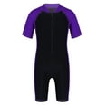 thumbnail image 2 of RUNQHUI Kids Boys One Piece Zip Swimsuit Short Sleeve Surfing Wetsuit UV Sun Protection Rash Guard Purple&Black 4, 2 of 6