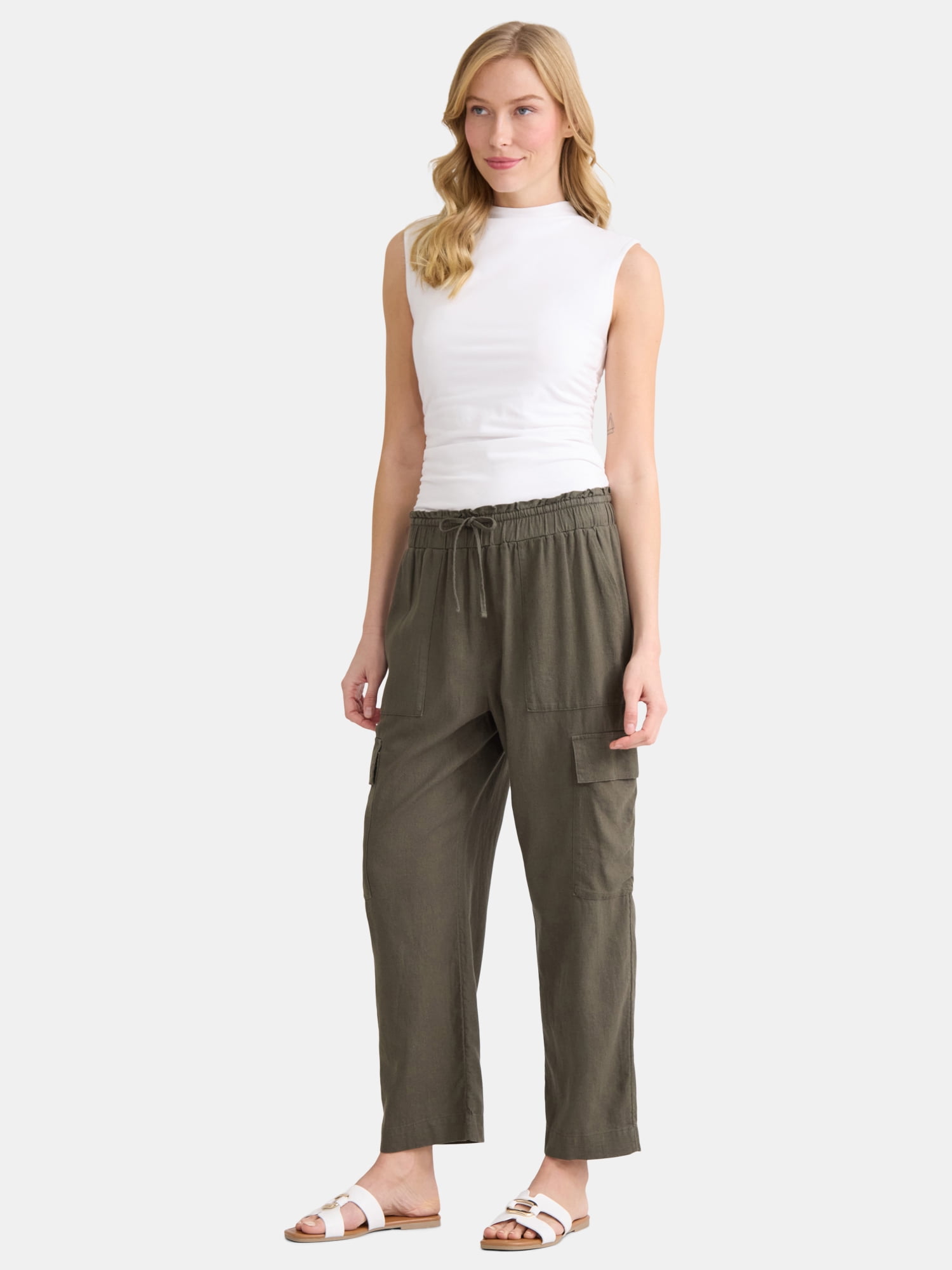 Time and Tru Women’s and Women’s Plus Linen Blend Cropped Cargo Pants, 27" Inseam, Sizes XS-3XL