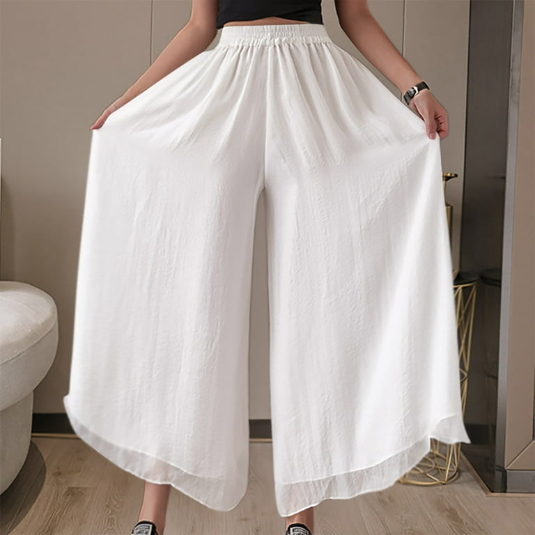 Antinious Travel Pants Women Solid Casual Double Layer Chiffon Silm Wide  Leg Dress Pants,Winter Pants for Women,Sweatpants Women,White,M