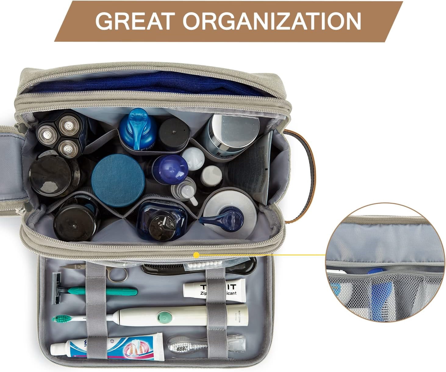 Toiletry Bag for Men, Canvas Travel Toiletry Organizer Dopp Kit Water-resistant Shaving Bag for Toiletries Accessories,Grey-Medium