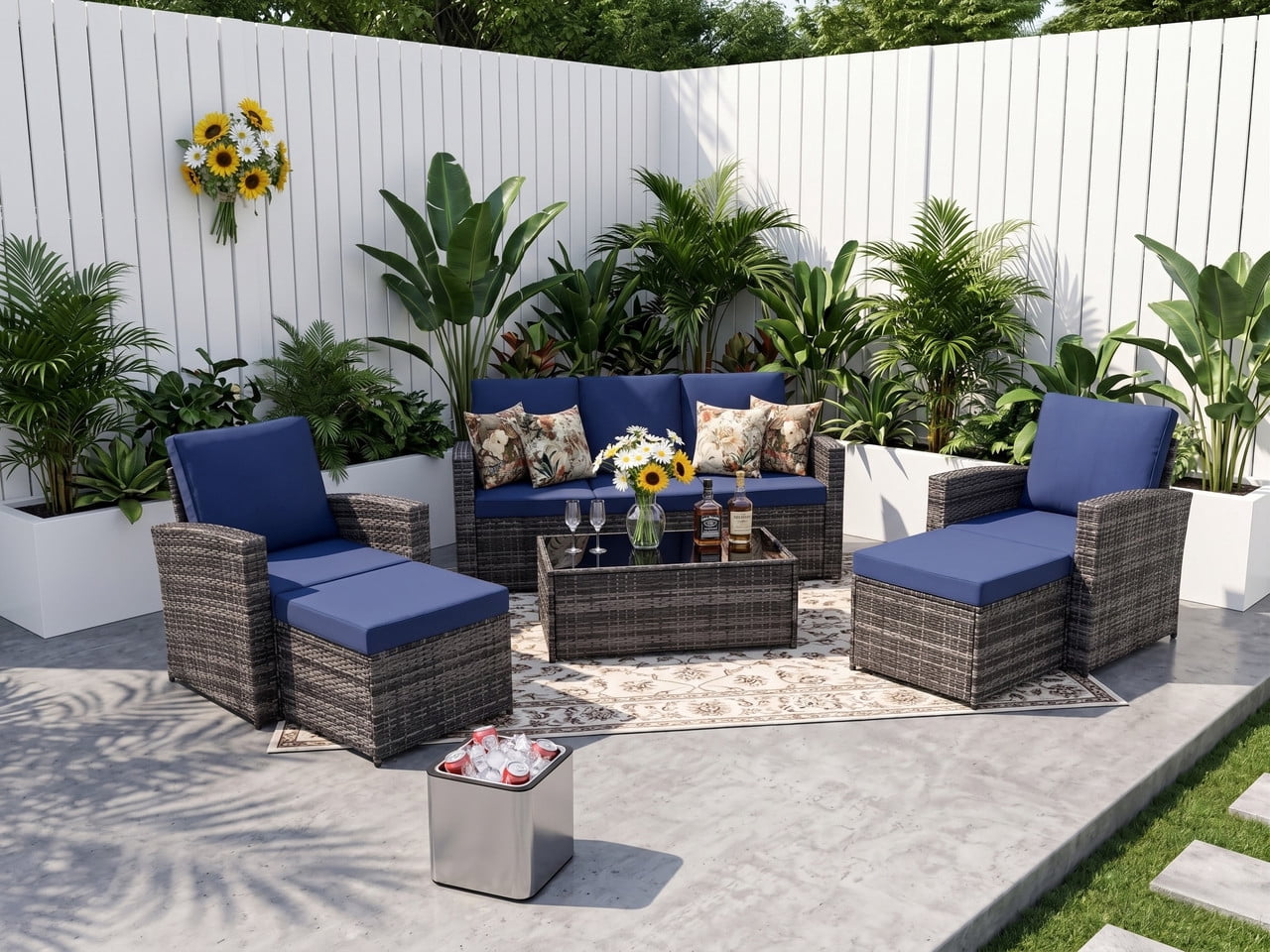 Howcool 6-Piece Patio Furniture Set,Wicker Outdoor Rattan Sectional Sofa with Cushions and Glass Table,All-Weather Outdoor Conversation Set for Garden,Porch,Backyard,Patio,Gray+Blue