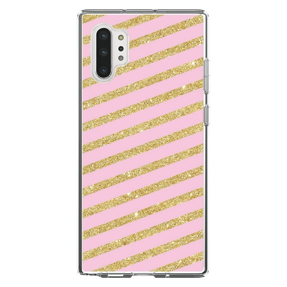 DistinctInk Clear Shockproof Hybrid Case for Galaxy Note 10 PLUS (6.8" Screen) - TPU Bumper, Acrylic Back, Tempered Glass Screen Protector - Pink & Gold Print - Diagonal Stripes Pattern