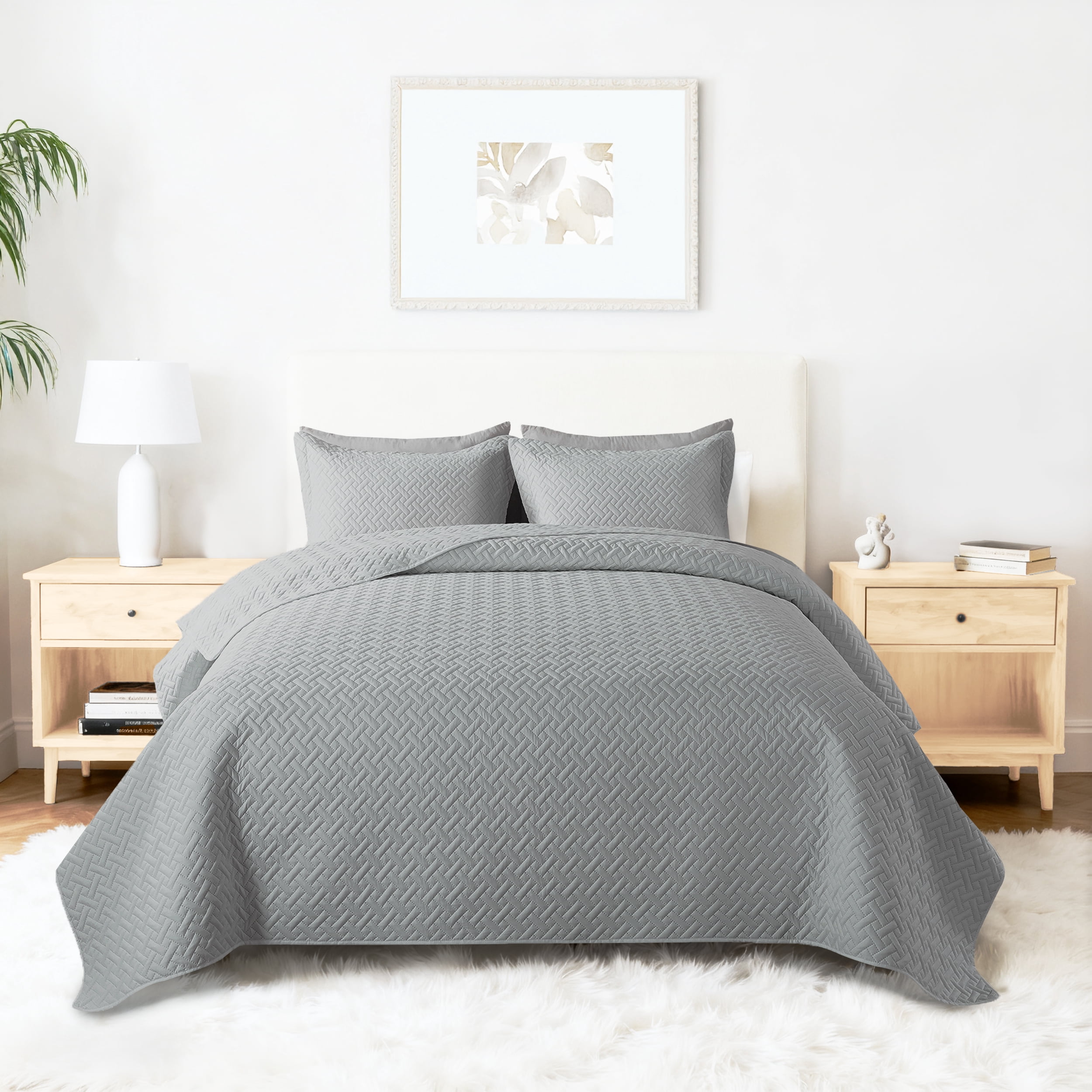 VCCOEM Quilt Set Full/Queen Size Lightweight Bedspreads, All Season Coverlet, 3 Piece (1 Quilt, 2 Pillow Shams), Woven Pattern, Light Gray