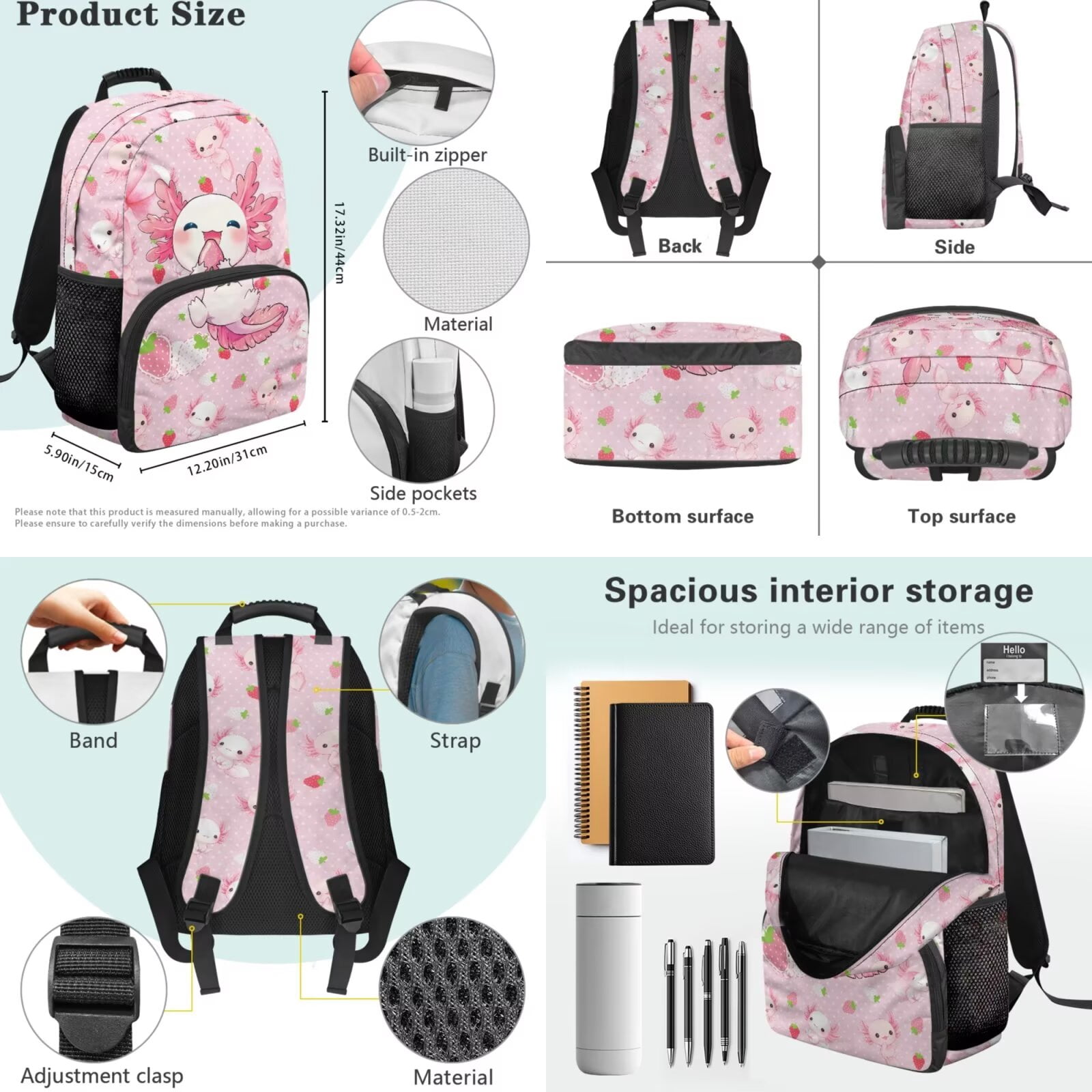 Pzuqiu Strawberry Axolotl School Backpack Set for Girls 8-12 4PCS Sports Bookbag Back Pack Lunch Bag with Pencil Box Water Bottle Holder 17 Inch Daypack Camping Bags for Teens