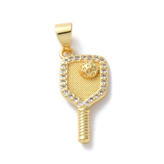 Rack Plating Brass Micro Pave Cubic Zirconia Pendants Lead Free & Cadmium Free Long-Lasting Plated Pickleball Charms Real 18K Gold Plated 21x10x3mm Hole: 5x3.5mm