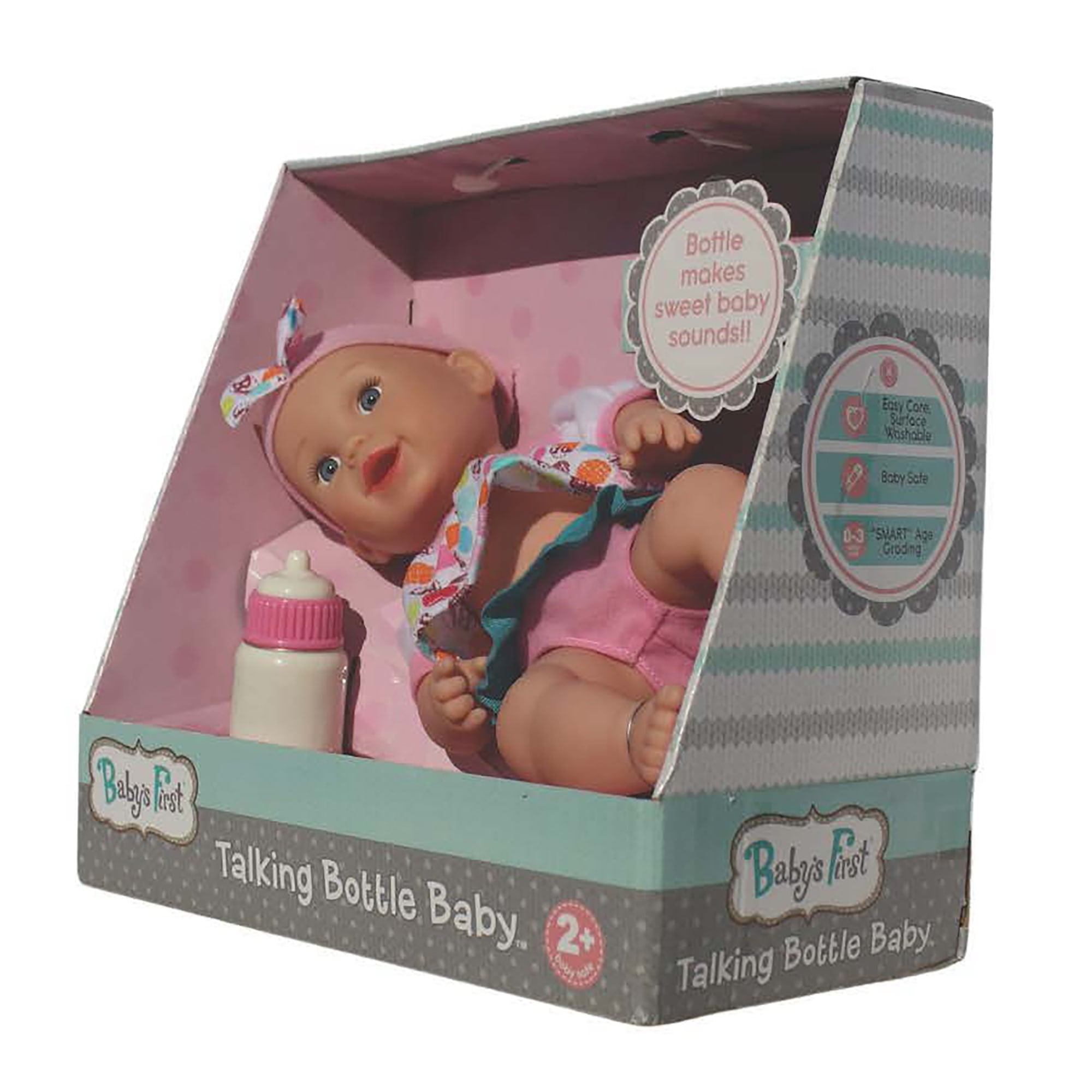 Goldberger Baby's First 13" Soft Body Talking Baby Doll with Bottle Baby White Top. A Realistic and Lightweight Soft Body Baby Doll for children 2 year & Up.