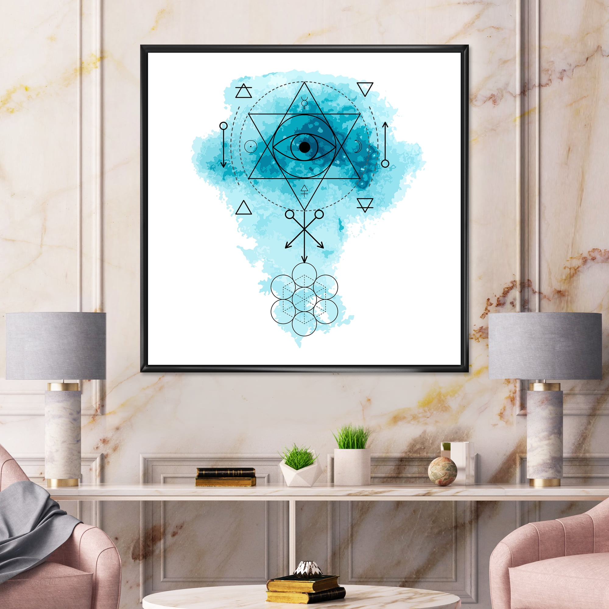 Designart 'Sacred Geometry and Symbol of Alchemy II' Bohemian & Eclectic Framed Canvas Wall Art Print