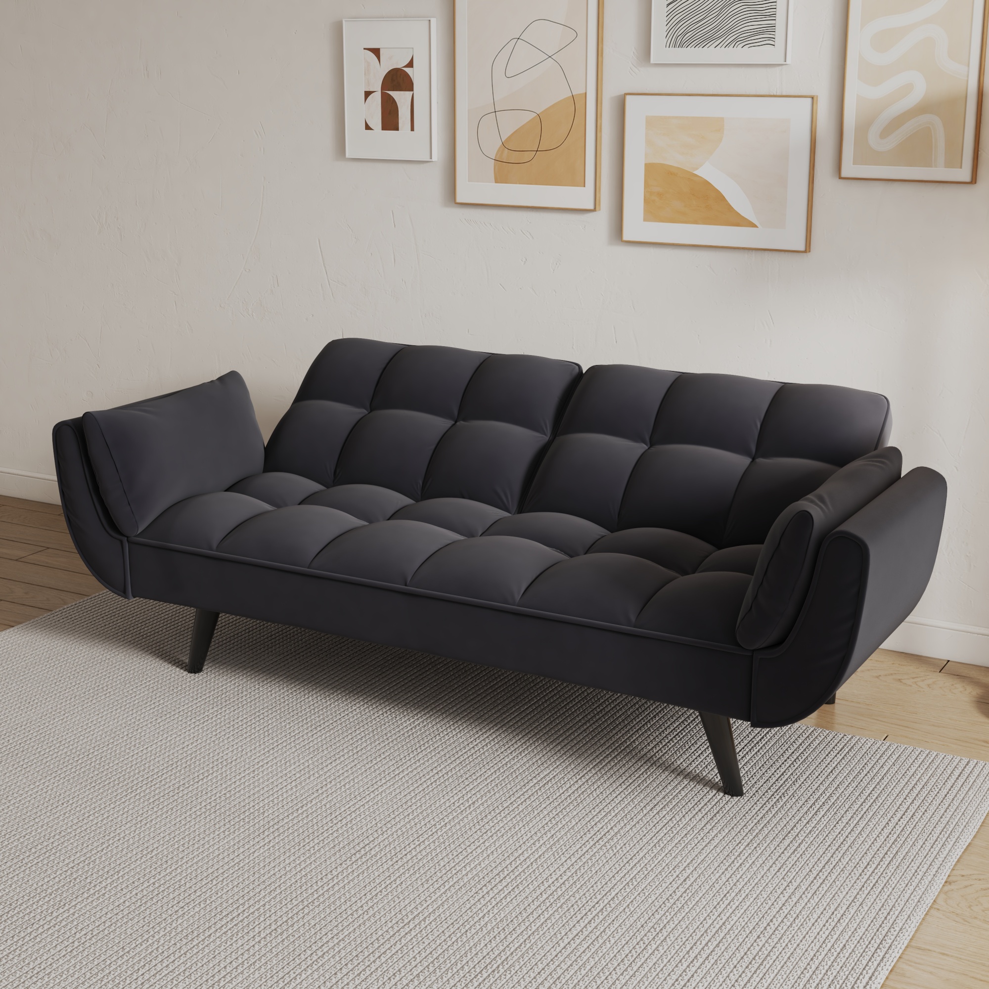 Leumius 74" Modern Loveseat Sofa for Living Room,Velvet Futon sofa bed with Adjustable Back & with 2 Throw Pillow for Bedroom,Small Spaces,Black
