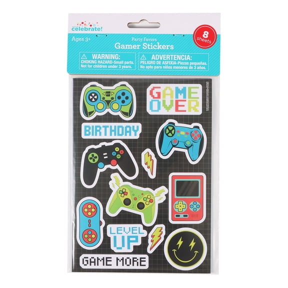 8 Count, Multicolor, Gamer Stickers, Party Favors, by Way To Celebrate