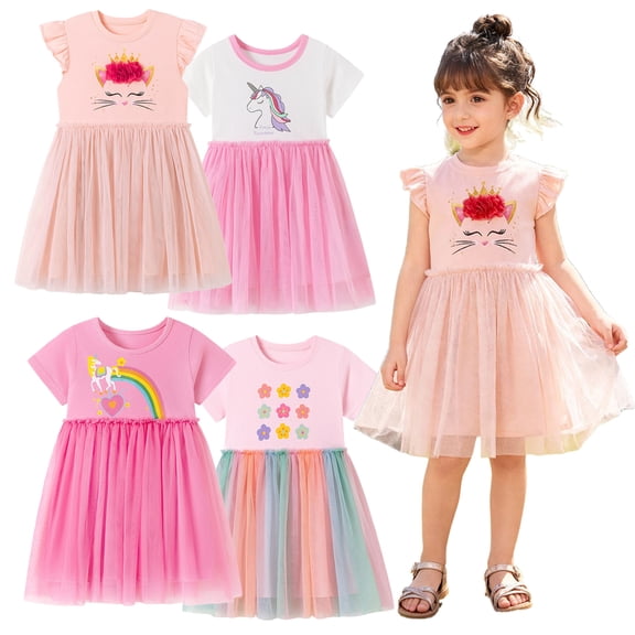 Bellafa Toddler Applique Tutu Dress Little Girls Fluffy Sleeve Summer Dresses Casual Party Tulle Sundress for Kids 2-7Y