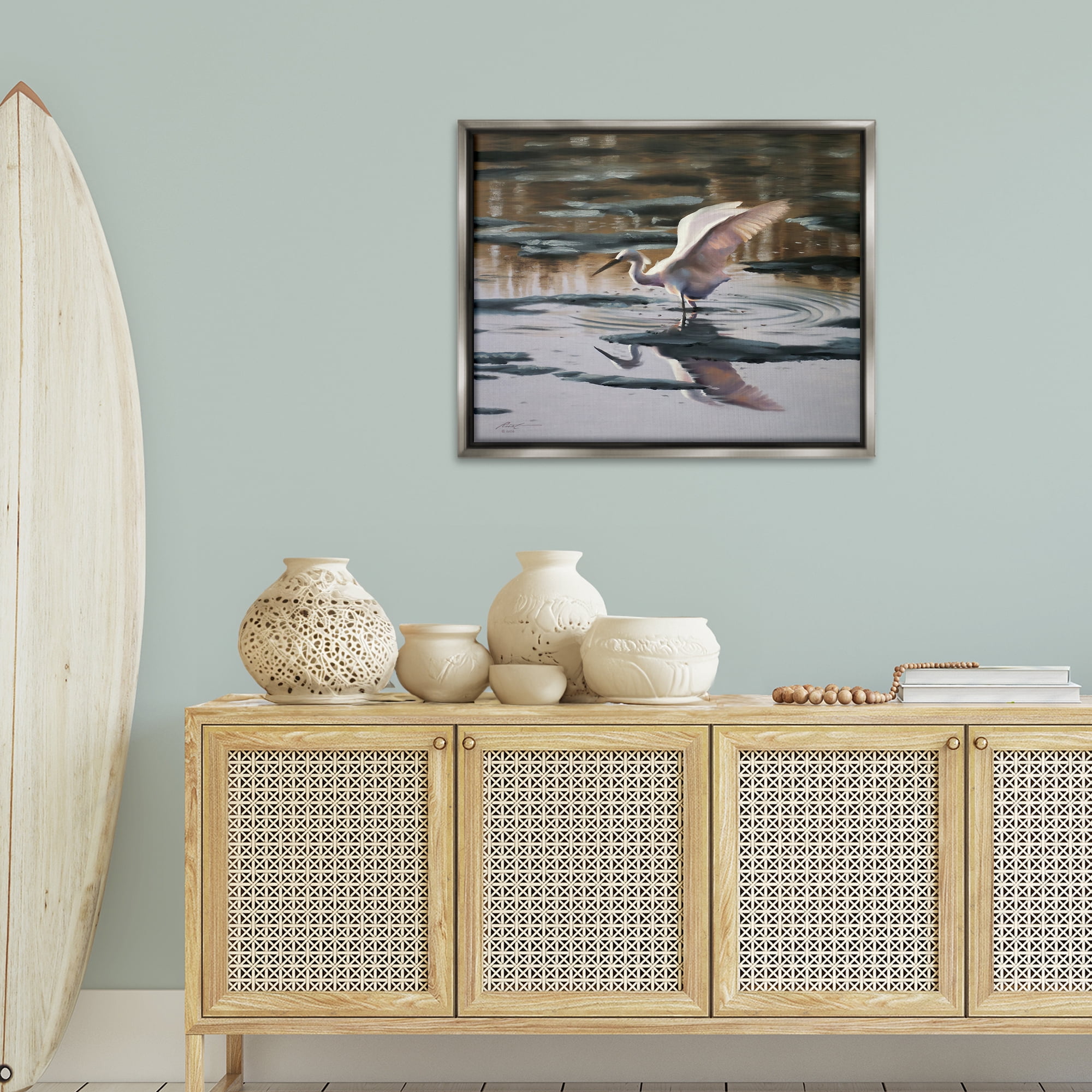 Stupell Industries Swan Landing in Water Animals & Insects Painting Gray Floater Framed Canvas Art Print Wall Art, 31 x 25