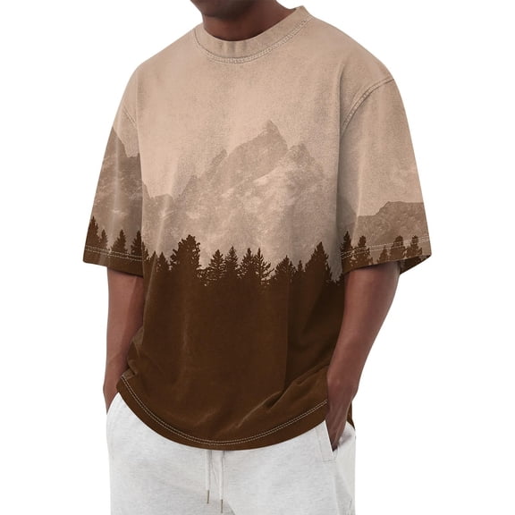 Men's Fashion T-Shirts Graphic Tees Mountain Views Print Tee for Men Coffee XXL
