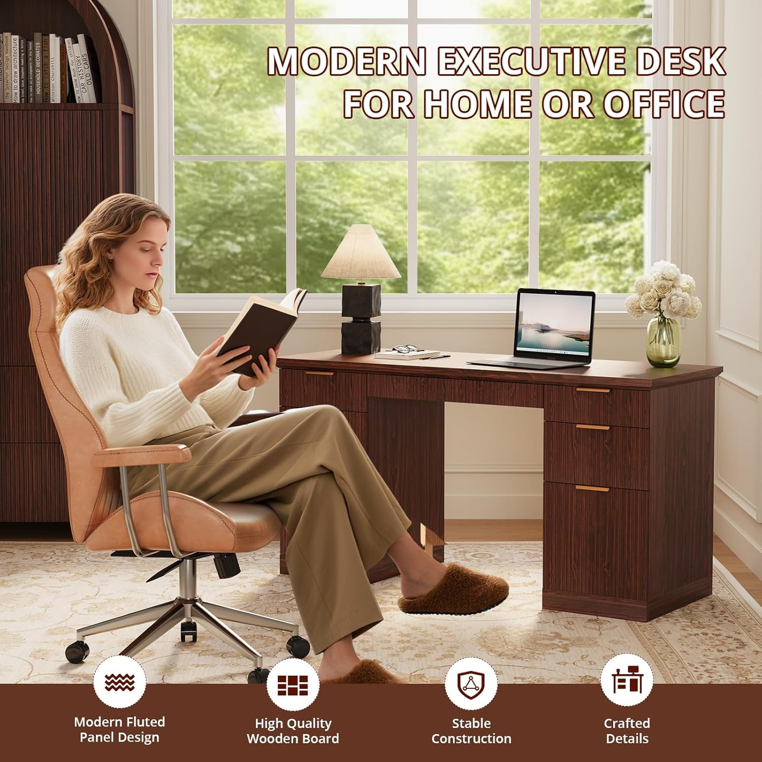 SELOOYE 58" Fluted Modern Desk with Storage, Home Office Desk with 1 File Cabinet & 5 Drawers, Wood Executive Computer Writing Desk for Study, Living Room, Bedroom(Walnut)
