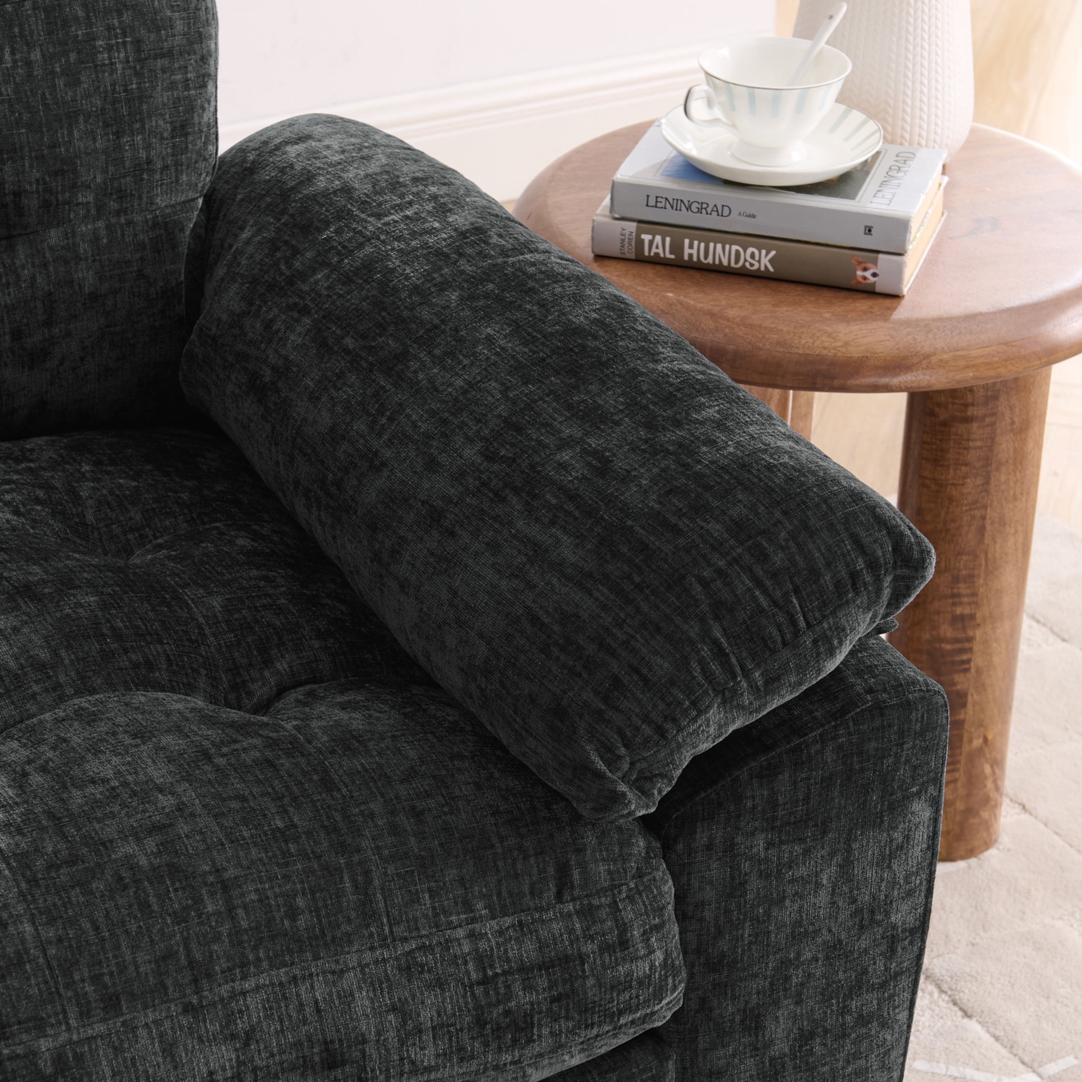 Noble House Wesley Double Sofa Recliner, Adjustable Chenille Fabric Chair with Charging Port and Storage Ottoman, Black