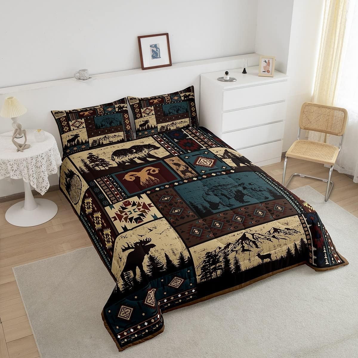 Manfei Aztec Bedding Sets King Rustic Southwestern American Native Comforter Set,Bear Deer Moose Quilt Retro Indian Style Hunting Animal Duvet Insert with 2 Pillowcase Microfiber