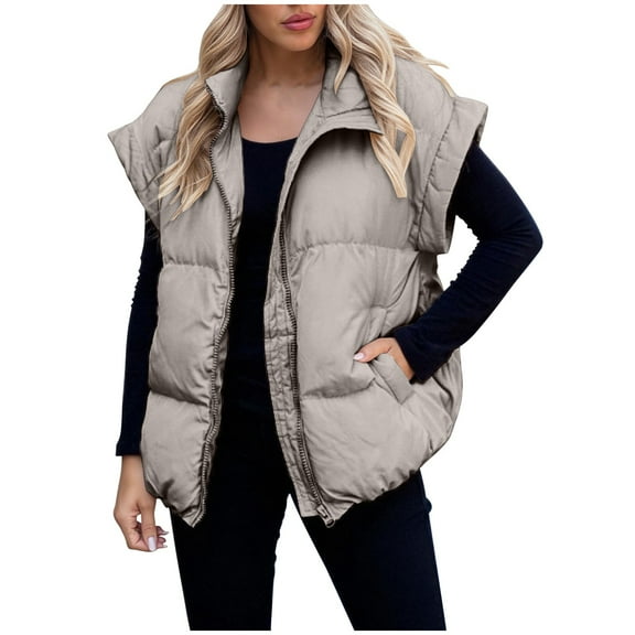 RYRJJ Womens Oversized Puffer Vest Stand Collar Full Zip Sleeveless Bubble Puffer Jackets Quilted Padded Warm Coat Outwear(Gray,L)