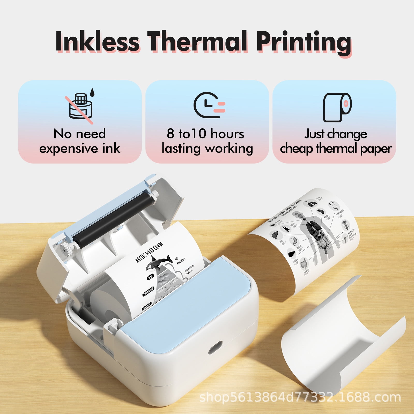 Portable Thermal Printer Inkless Printers Bluetooth  Mini Sticker Maker Machine with 1 Rolls Printing Paper for Study Notes Pictures DIY Label