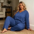 thumbnail image 6 of Two Piece Lounge Set for Women Solid Color Button V-neck Long Sleeved Shirt Fashionable Pants Casual Soft Sleepwear Set, 6 of 7