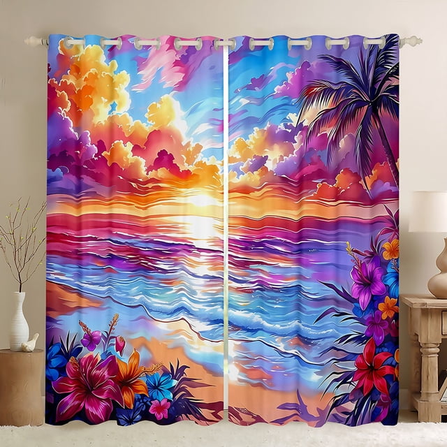 Erosebridal Rideaux de Plage Rêveurs Lot de 2 (52x63), Rideaux Occultants Floraux Tropicaux 30 %-50 %, Décoration Océan Coucher de Soleil