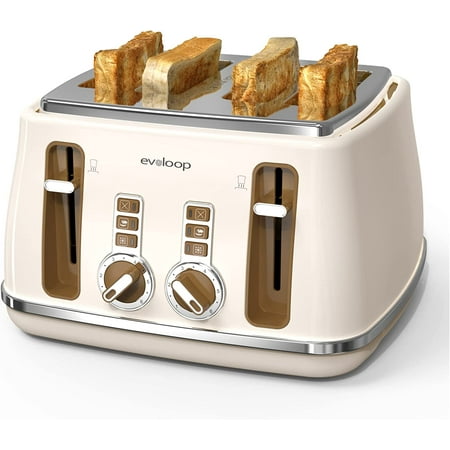 

Evoloop Retro Toaster 4 Slice Stainless Steel Bread Toasters 6 Browning Level - Cream