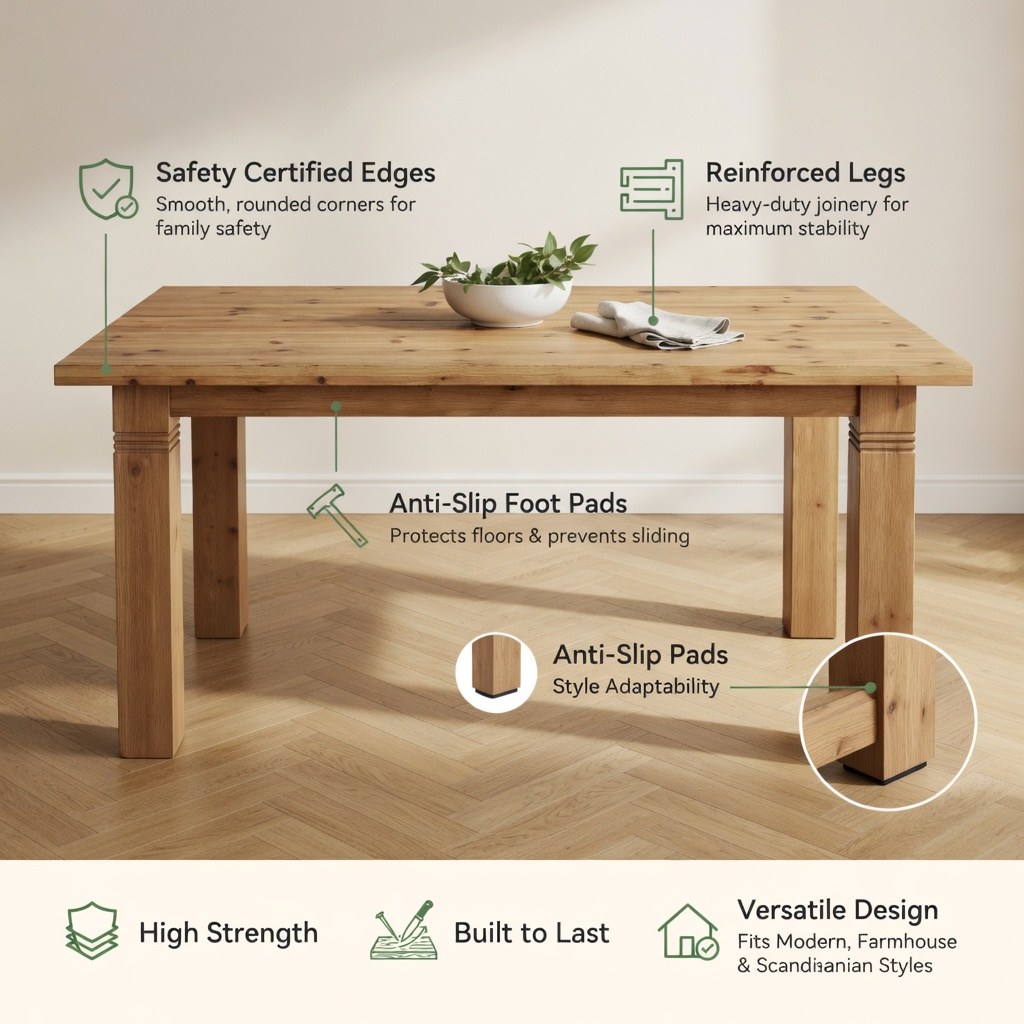 Hommoo 63 Inch Solid Wood Farmhouse Dining Table for 4-6 People, Rectangular Kitchen Table with Sturdy Square Legs, Scratch-Resistant Surface, Rustic Brown