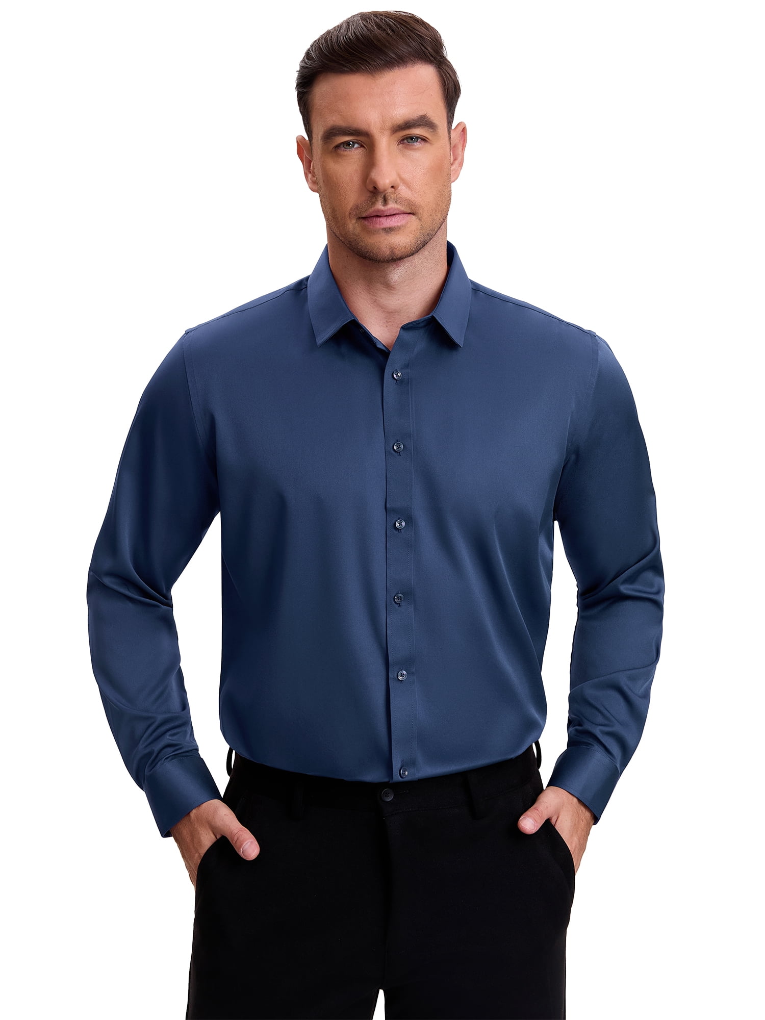 DARING DIVA Men's Point Collar Long Sleeve Button Down Formal Shirts S Dark Blue