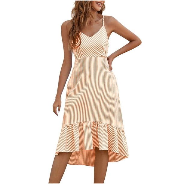 Vestido a rayas sin tirantes sin mangas con cuello en V de cintura media con tirantes de verano a la moda informal para mujer Pompotops ghjkhdj8670