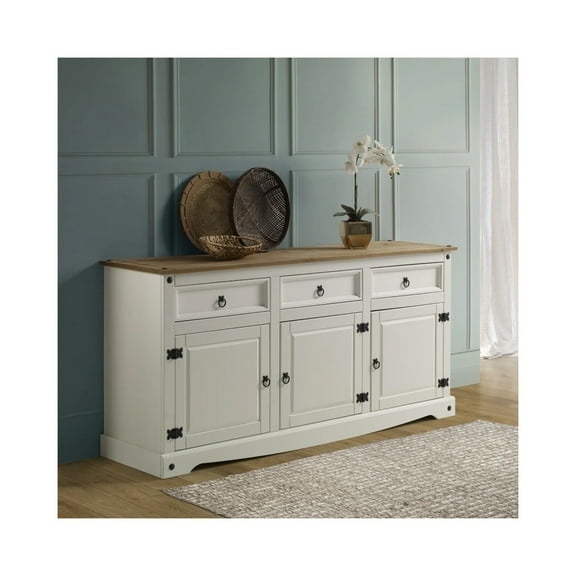 Distressed White Wood Buffet Sideboard - 3 Drawers & Storage - 66" Long