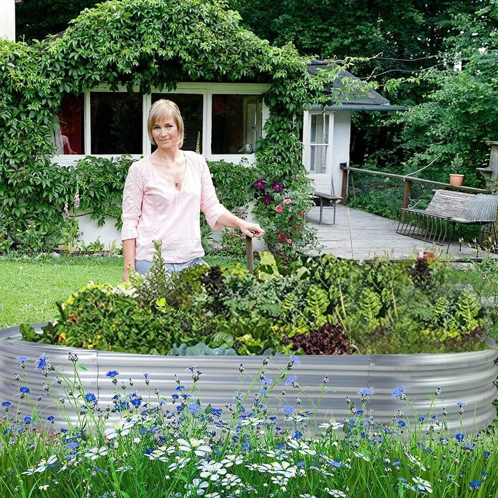 Land Guard 4ftx2ftx1ft Galvanized Metal Raised Garden Bed,Oval Planter Box Outdoor for Vegetables, Fruits and Flowers,Starlight Silver