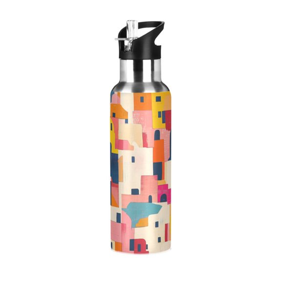 Yayeee 20oz Insulated Water Bottle Double Wall Stainless Steel with Flip Straw Lid, Art Geometric
