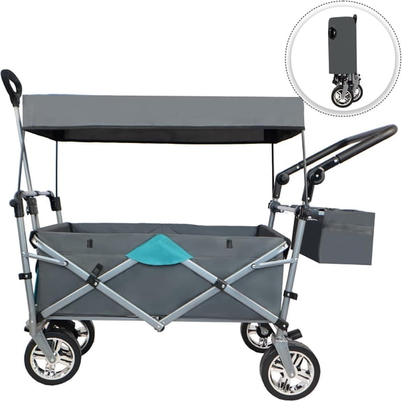 Rugerasy Outdoor Portable Wagon,Utility Wagon,Collapsible Folding Beach Wagon Cart with All Terrain Wheels,with Removable Canopy,150 Lbs Weight Capacity,Gray