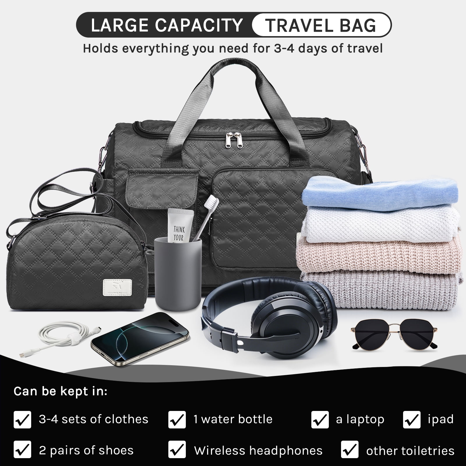Joyway 2-Piece Expandable Foldable Duffle Bag Set with Wet Pocket and Shoe Compartment, Waterproof Travel and Gym Bags for Men & Women