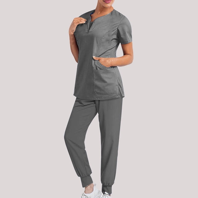 DPTALR Femmes Pantalon Ample Uni à Multiples Poches Uniforme d'Infirmière à Manches Courtes avec Fermeture Éclair Ensemble à Col en V