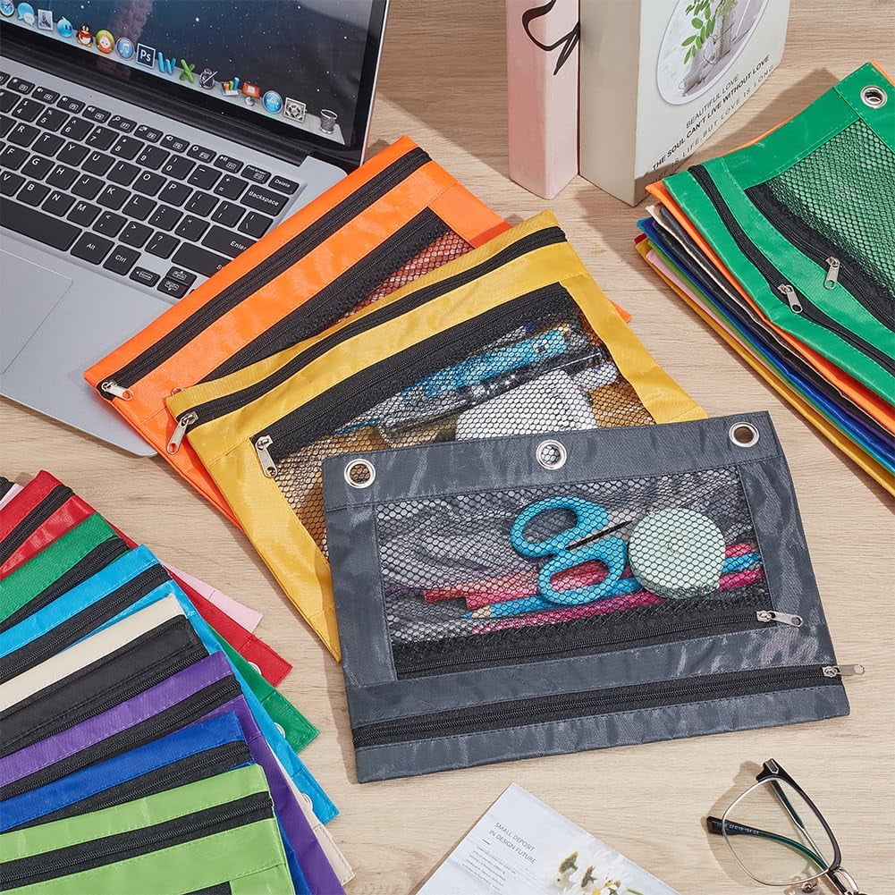 Pencil Pouch for 3 Ring Binder Bulk 24 Pack Mesh Zipper Pencil Case Bags in Assorted Colors - Sturdy and Durable Cloth Pencil Holder